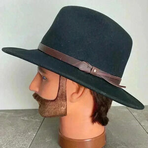 DORFMAN PACIFIC 100% Black Wool Felt Brown Leather Band Fedora Size M